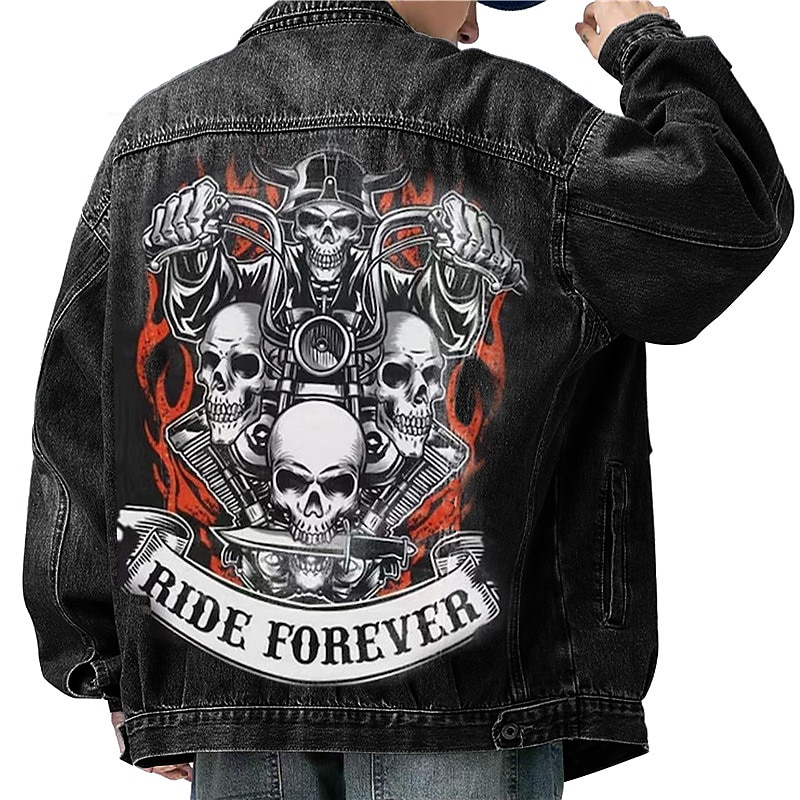 Men's Skulls Coat Jean Jacket Denim Jacket Comfortable Breathable Casual Sports & Outdoor Going out Weekend Buttons Print Fall & Winter Turndown Long Sleeve Black Blue2