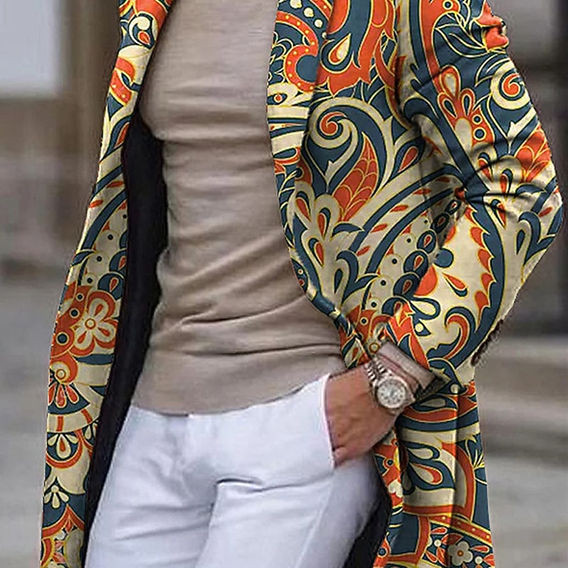 Men's Floral Totem Winter Coat Overcoat Coat Warm Comfortable Breathable Vintage Business Tribal Work Wear to work Going out Pocket Print Fall & Winter Turndown Long Sleeve Apricot2