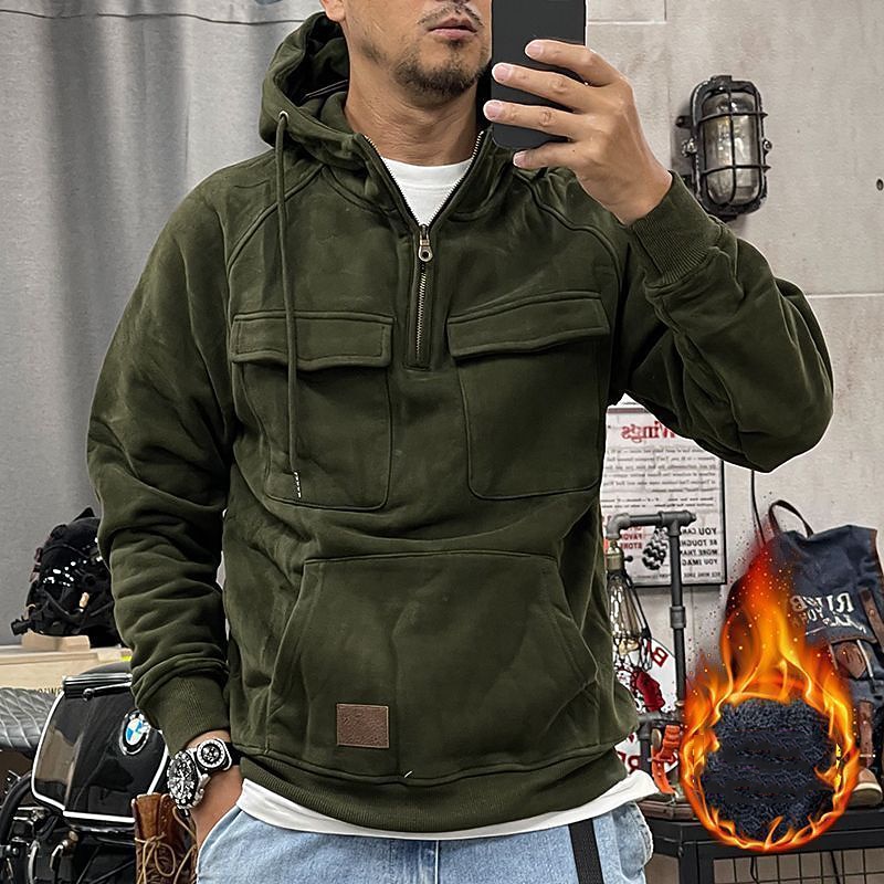 Men's Hoodie Polar Fleece Quarter Zip Hoodie Tactical Black Army Green Red Gray Hooded Plain Pocket Sports & Outdoor Daily Holiday Cool Casual Tactical Fall & Winter Clothing Apparel Hoodies3