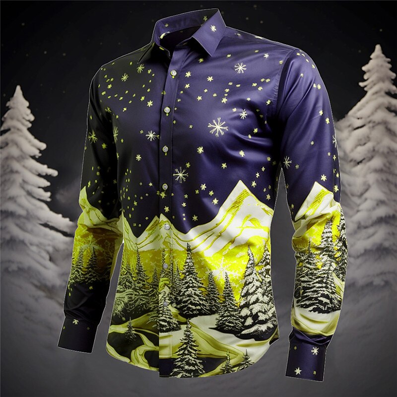 Men's Christmas Tree Mountain Christmas Scene Shirt Summer Hawaiian Shirt Long Sleeve Shirt Turndown Casual Christmas Outdoor Street Black Yellow Dark Navy S M L3