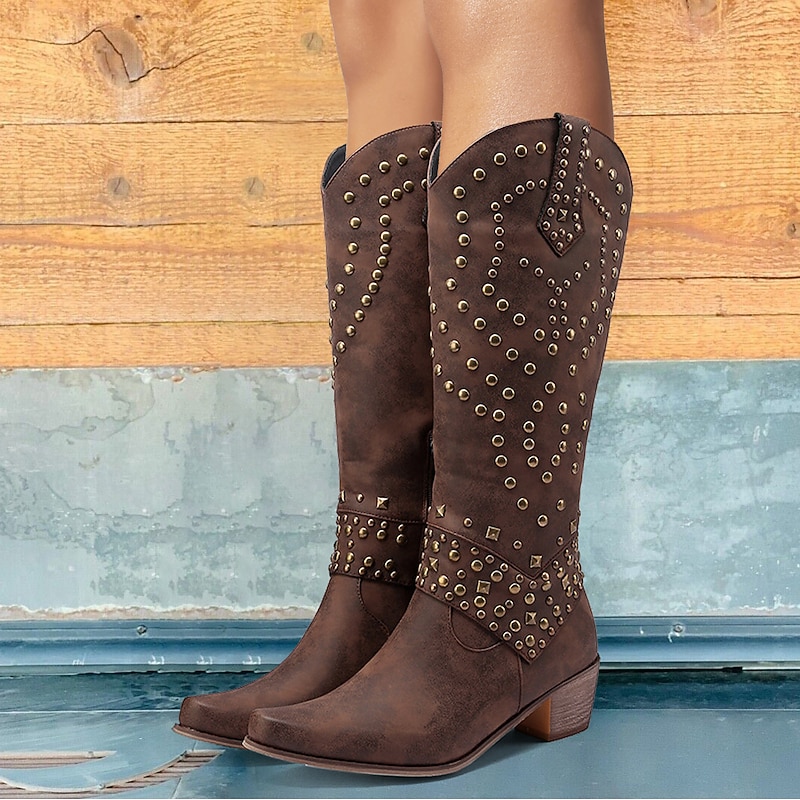 Women's Black Studded Faux Leather Knee-High Boots with Block Heels - Western Style Fashion Footwear for Fall and Winter3