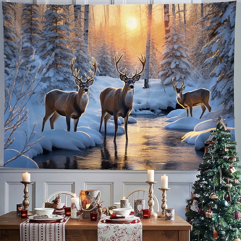 Winter Wonderland Hanging Tapestry Wall Art Large Tapestry Mural Decor Photograph Backdrop Blanket Curtain Home Bedroom Living Room Decoration Snow Reindeer 14