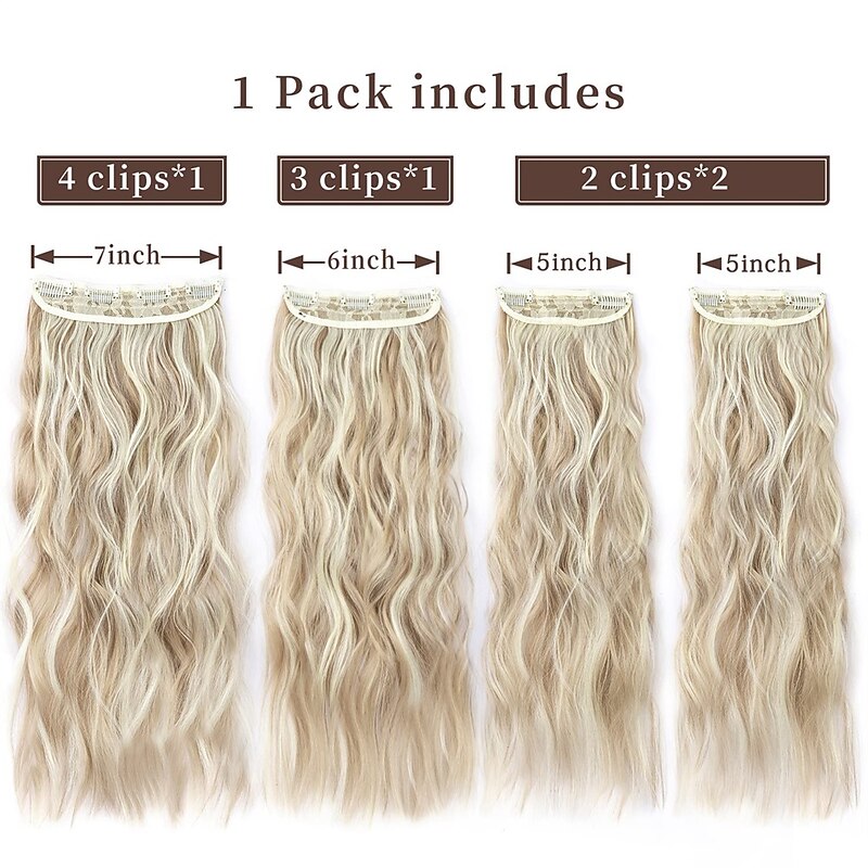 Clip in Natural Hair Extensions Long Wavy 4PCS Thick Hairpieces Dark Ash Blonde Mixed Bleach Blonde Double Weft Synthetic 20 Inch for Women2