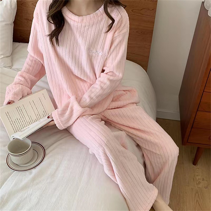 Women's Pajamas Sets Letter Plush Casual Comfort Home Bed Coral Fleece Coral Velvet Warm Breathable Crew Neck Long Sleeve Pullover Pant Embroidery Fall Winter Home Outfits3