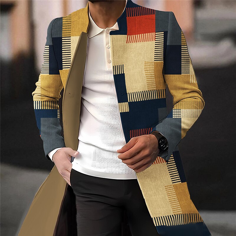 Men's Plaid / Check Graphic Prints Geometry Winter Coat Overcoat Coat Warm Comfortable Breathable Fashion Streetwear Business Work Wear to work Going out Pocket Print Fall & Winter Turndown Long2