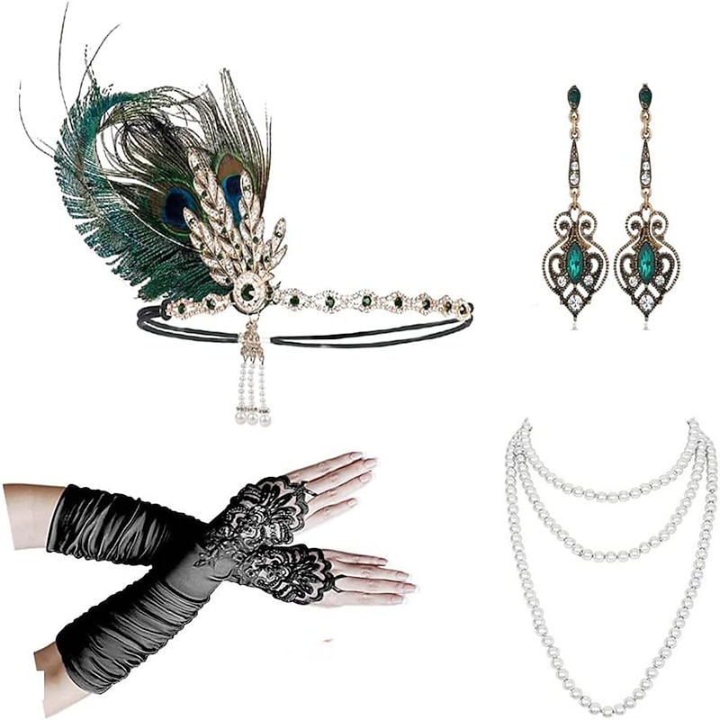 1920s Flapper Accessories Set for WomenGreat Gatsby Accessories 20's Flapper Theme Set Headband Gloves Necklace