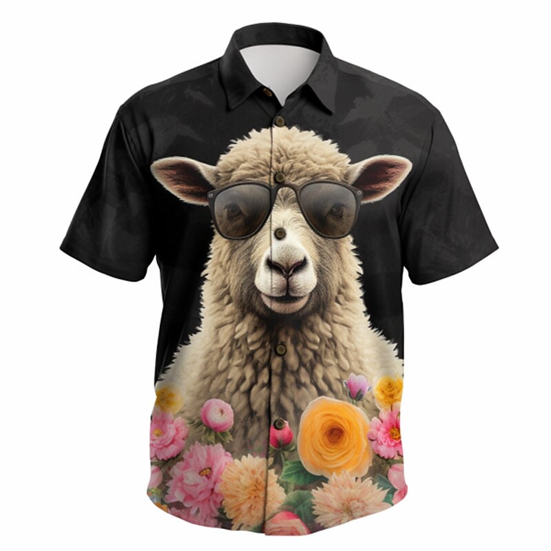 Men's Alpaca Christmas Animal Shirt Short Sleeve Casual Autumn / Fall Turndown Print Button-Down Black Pink Gray