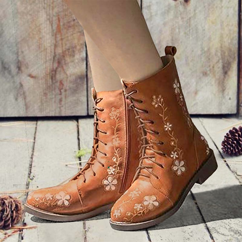 Women's Vintage Floral Embroidered Lace-Up Ankle Boots - Bohemian Style Leather Boots with Side Zipper for Fall and Winter2