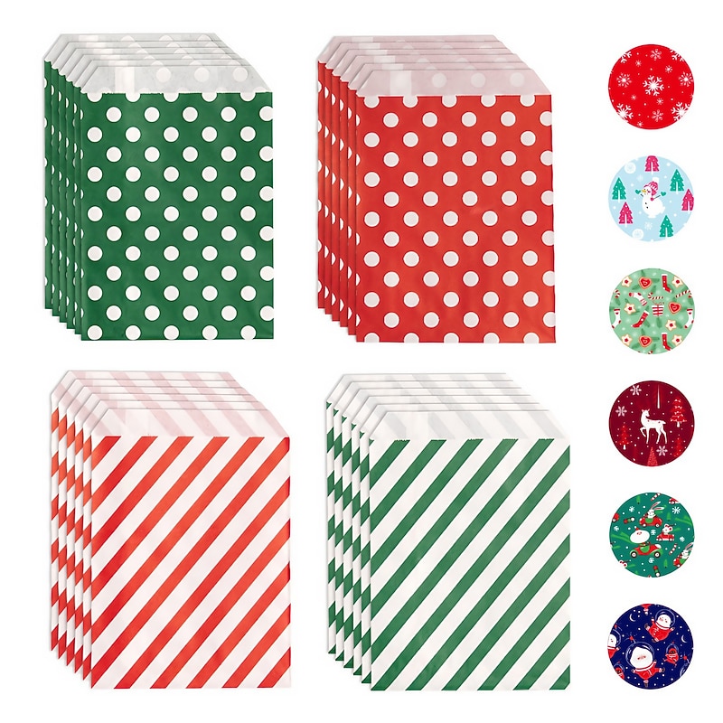 24pcs, Christmas Candy Bags, Red And Green Wavy Twill Kraft Paper Bags, Christmas Party Gift Bags, Including Sticker Sets, Navidad, Christmas Decorations, Small Business Supplies, Cheapest Items Avail