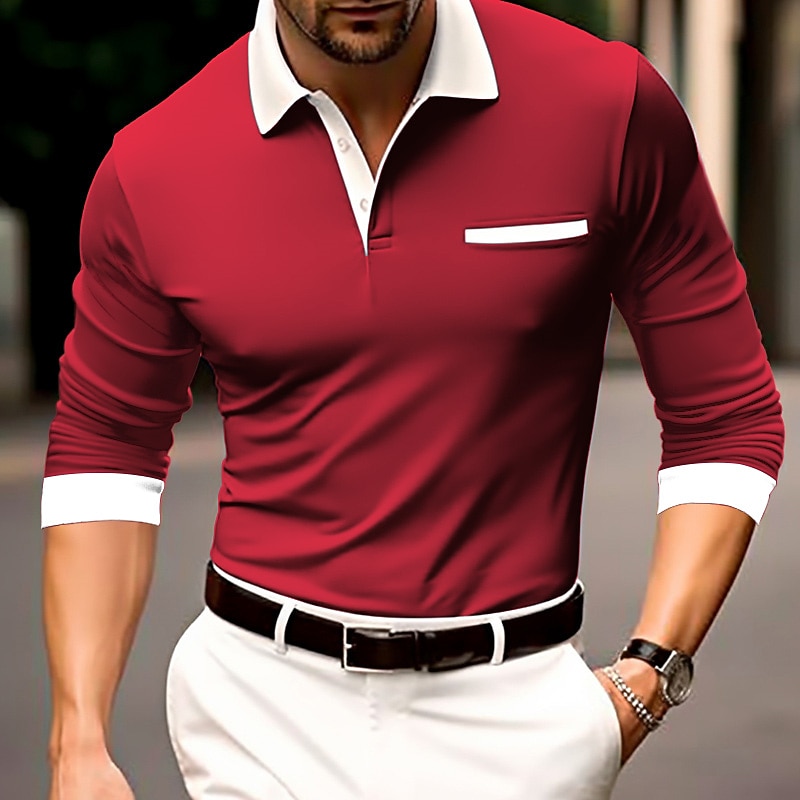 Men's Button Up Polos Polo Shirt Casual Sports Lapel Long Sleeve Fashion Basic Color Block Button Spring &  Fall Regular Fit claret White Blue Dark Gray Button Up Polos2