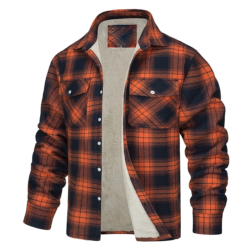 Men's Trucker Jacket Shirt Jacket Casual Jacket Shacket Outdoor Daily Wear Warm Fall Winter Plaid Fashion Streetwear Lapel Regular Black Wine Blue Orange Green Jacket