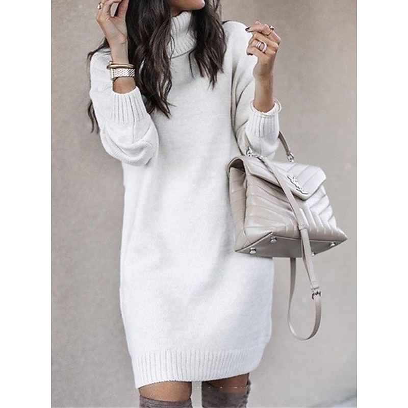 Women's Sweater Dress Stylish Casual Soft Solid Color Ribbed Turtleneck Knitted Long Sleeve Long Tops Knit Outdoor Daily Going out White Yellow Fall Winter2