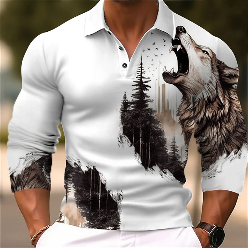 Men's Wolf Polo Shirts Golf Shirt Long Sleeve Polo Shirts Collared Shirts Casual Funny Vacation Wear Party Outfits 3D Print Buttons Fall & Winter Black Yellow Blue