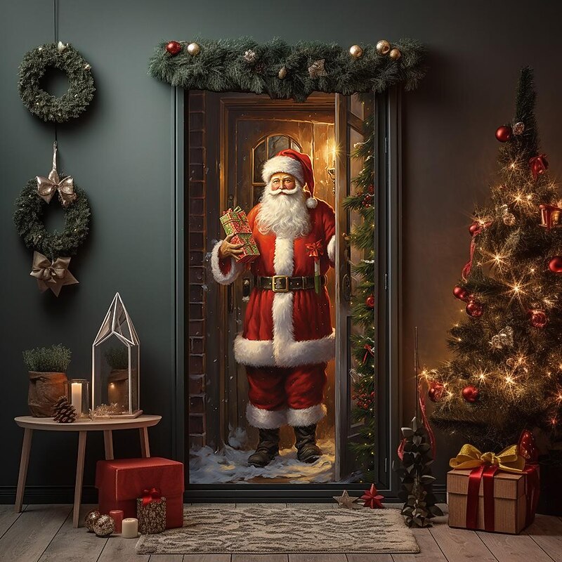 Christmas Door Decorations Santa Door Covers Door Tapestry Door Curtain Decoration Xmas Backdrop Door Banner for Front Door Holiday Party Decor Supplies2