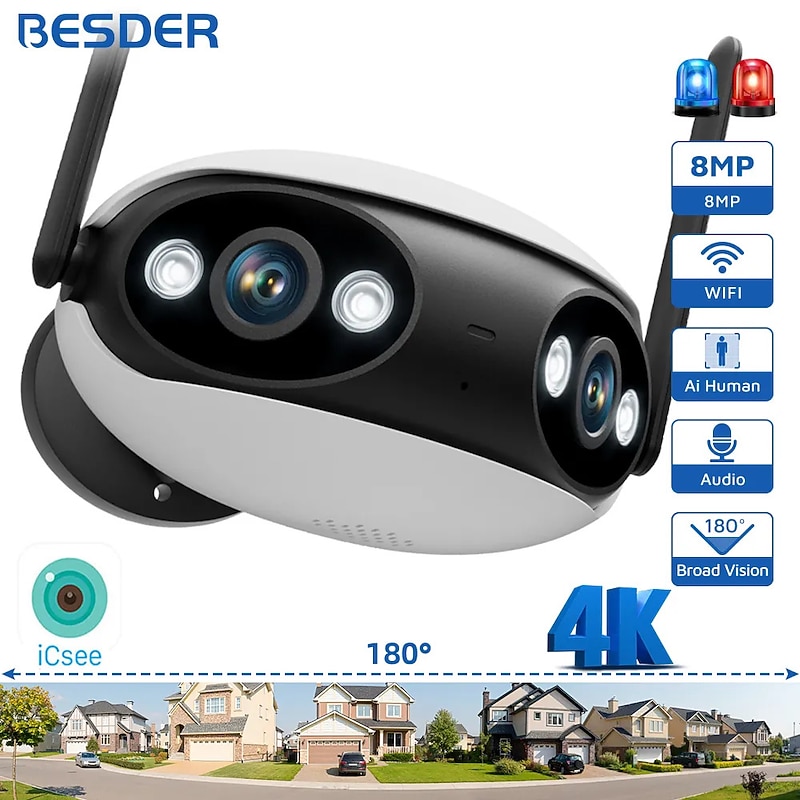 IP Camera 4K 8MP Panoramic 180° Wide View Angle Outdoor Wifi Surveillance Camera Night Vision CCTV Security Protection