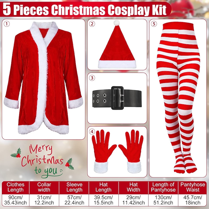 4 Pcs Santa Claus Mrs. Claus Cosplay Costume Women Christmas Suit Including Velvet Dress with Belt, Hat, Striped Tights Velvet Gloves4