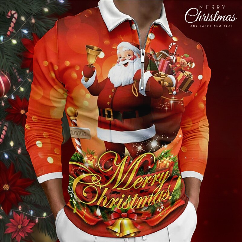 Christmas Men's Santa Claus 3D Zipper Polo Santa Claus Casual Print 3D Zip Golf Outdoor Casual Daily Streetwear Polyester Long Sleeve Turndown Zip Shirts Orange Fall & Winter S M L Lapel Polo2
