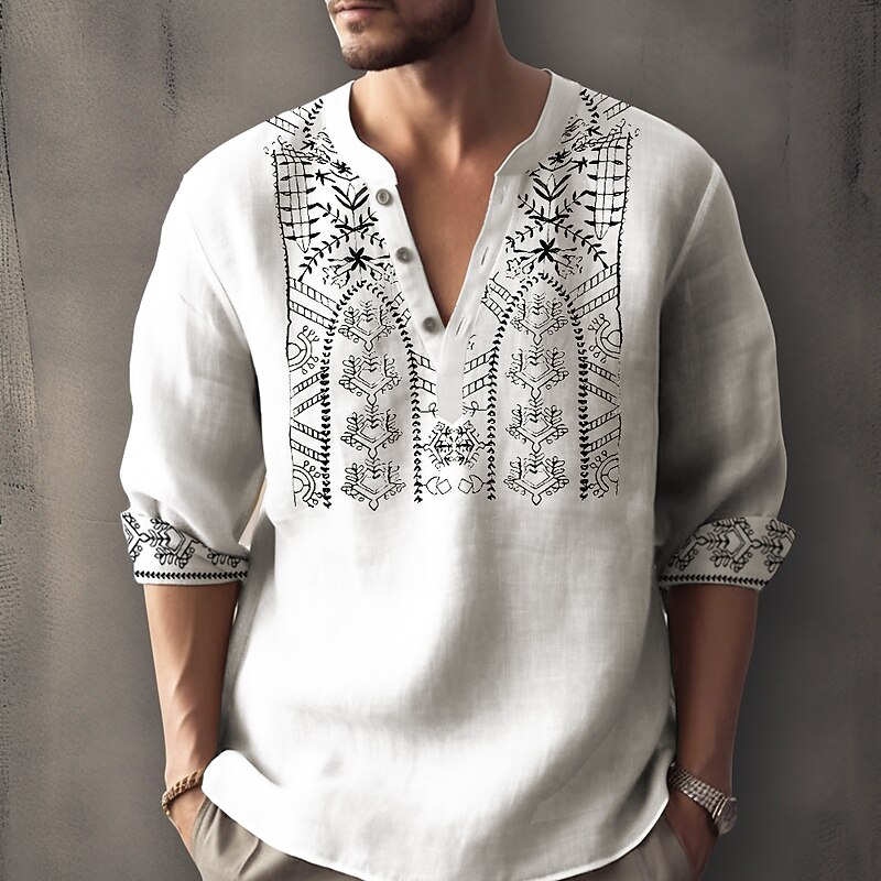 Men's Floral Ethnic Shirt Button Up Shirt Long Sleeve Fashion Streetwear Designer Outdoor Daily Summer Spring Fall Stand Collar Print White Pink Blue Khaki Gray2