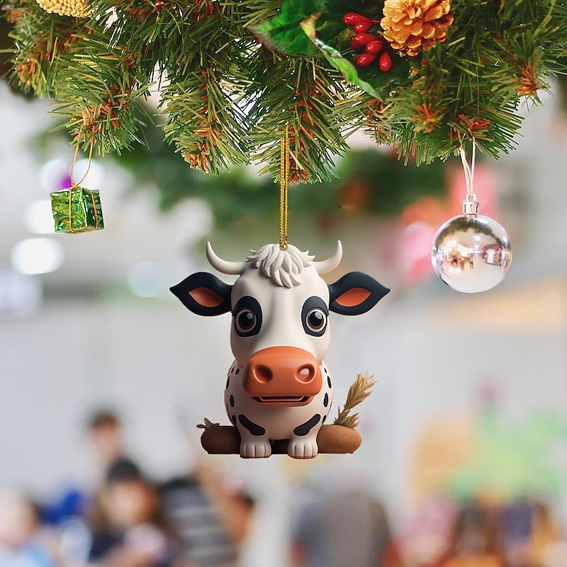 Christmas Tree Ornament,2D Acrylic Cartoon Decorative Ornament, Cute Cartoon Cattle Cow Hanging Ornament, Car Interior Pendant3
