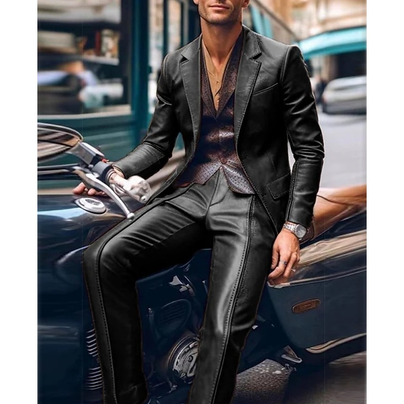 Men's Party Suits Notch Black Brown Casual Solid Colored Tailored Fit 2 Piece Single Breasted Two-buttons