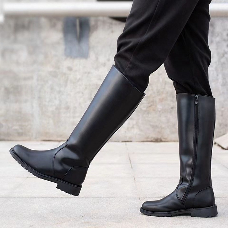 Men's Black Faux Leather Motorcycle Boots with Side Zipper, Classic Knee-High Riding Boots for Biker and Casual Wear 5