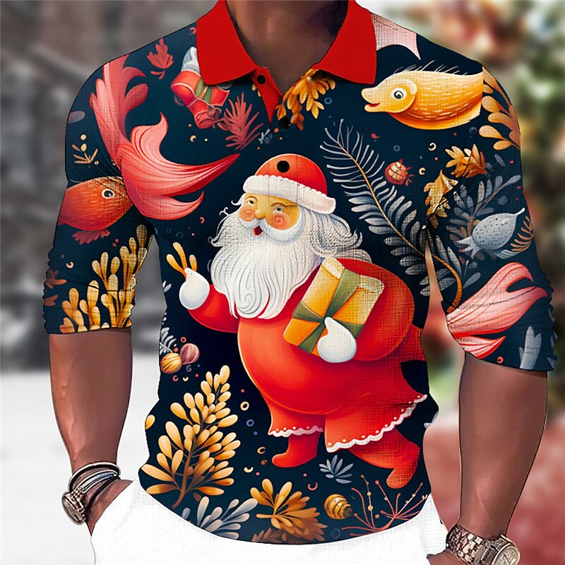 Christmas Men's Santa Claus 3D Polo Santa Claus Casual Print 3D Golf Outdoor Casual Daily Streetwear Polyester Long Sleeve Turndown Shirts Yellow Red Fall & Winter S M L Micro-elastic Lapel Polo2