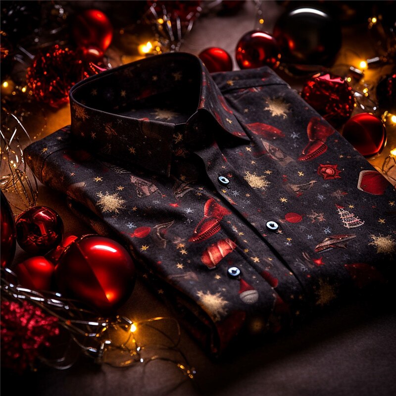 Christmas Men's Christmas Scene Printed Shirts Tree Casual Outdoor Street Fall & Winter Turndown Long Sleeve Black Purple S M L Shirt2