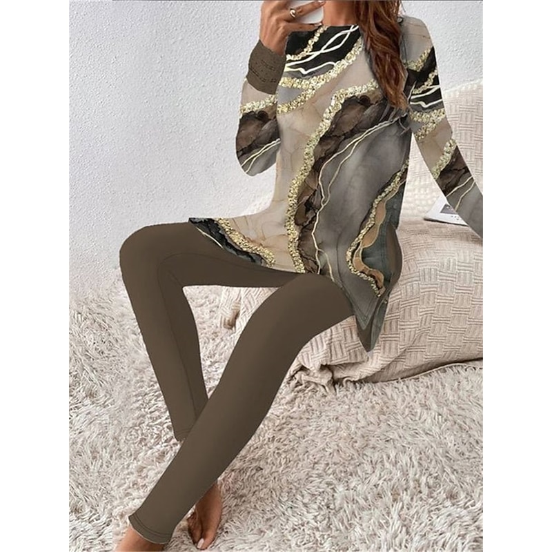 Women's Fashion T Shirt Pants Sets Pants Trousers Long Sleeve Crew Neck Graphic Print Casual Daily Brown Fall & Winter Regular Fit
