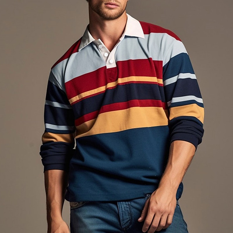 Men's Stripe Rugby Polo Long Sleeve Polo Shirts Zip Casual Outdoor Casual Daily Streetwear 3D Print Fall & Winter Red Blue Orange