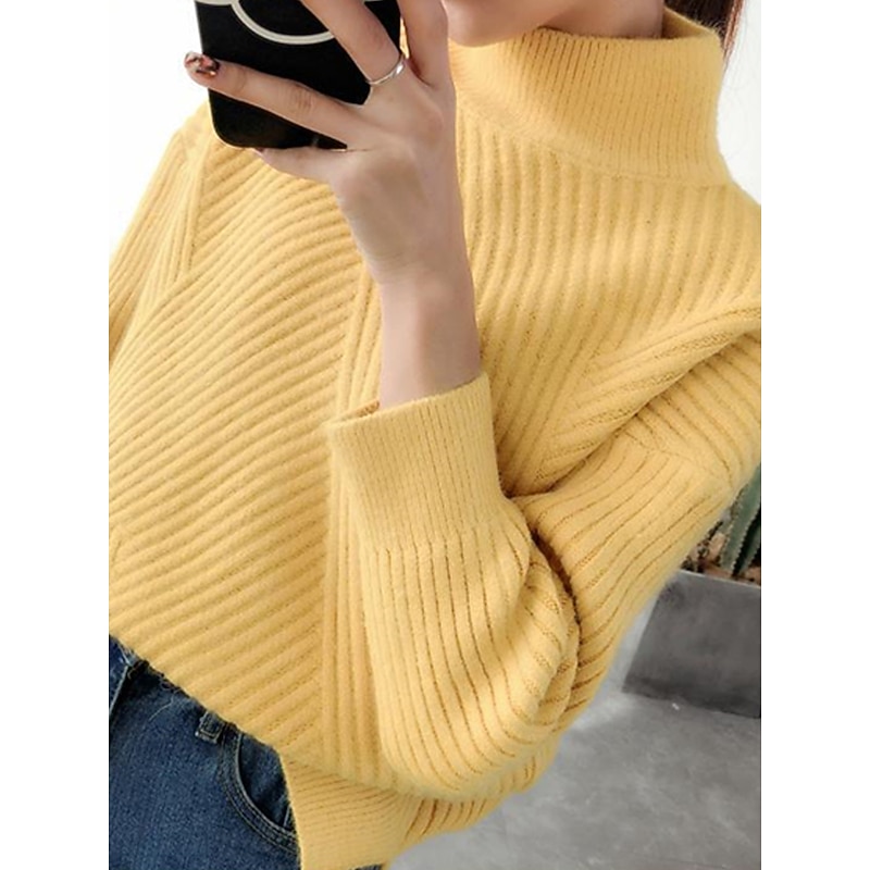 Women's Pullover Sweater Jumper Stand Collar Ribbed Knit Spandex Yarns Patchwork Split Fall Winter Regular Outdoor Daily Going out Stylish Casual Soft Long Sleeve Solid Color Black White Yellow4