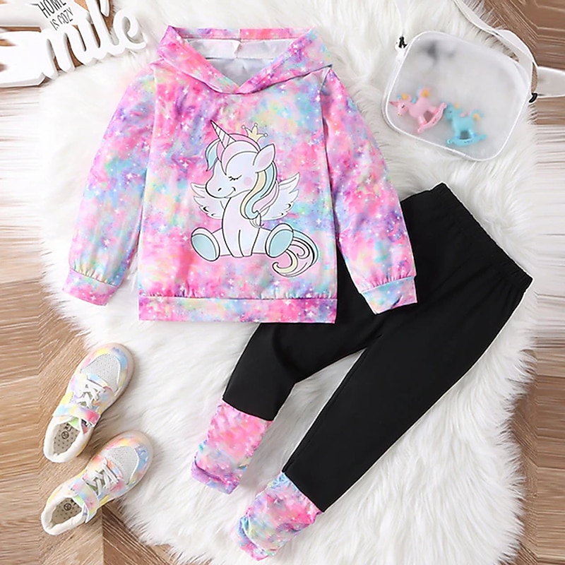 2 Pieces Toddler Girls' Unicorn Hoodie & Sweatpants Set Set Long Sleeve Active Outdoor 3-7 Years Spring Pink Purple