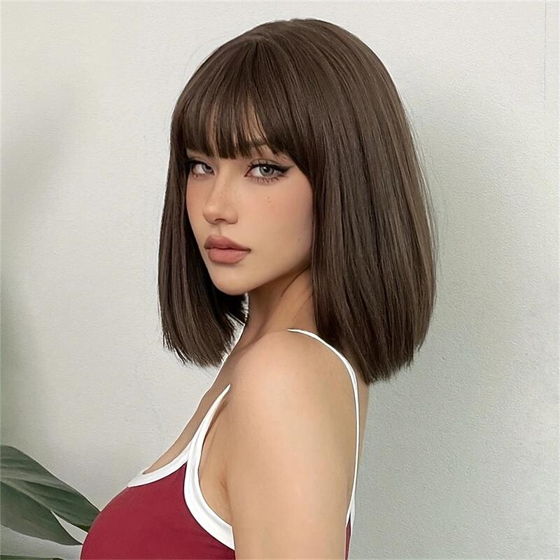 Brown 14 Inch Bob Short Straight Hair Wigs With Bangs Cute Synthetic Fiber Women's Wigs For Daily Halloween Party Cosplay Use Christmas Party Wigs4