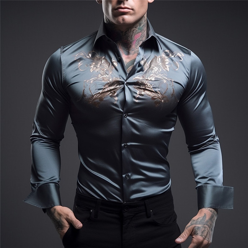 Men's Shirt Button Up Shirt Long Sleeve Vintage Outdoor Street Casual Daily Fall & Winter Turndown Buttons Print Dark Navy Royal Blue Blue Dark Blue Gray