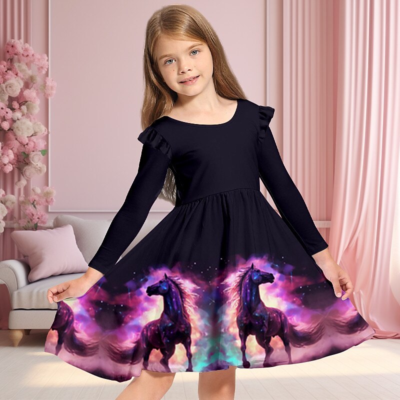 Girls' 3D Galaxy Unicorn Ruffle Dress Long Sleeve 3D Print Fall Winter Vacation Sports & Outdoor Daily Cute Casual Beautiful Kids 4-12 Years Casual Dress A Line Dress Above Knee Regular Fit2