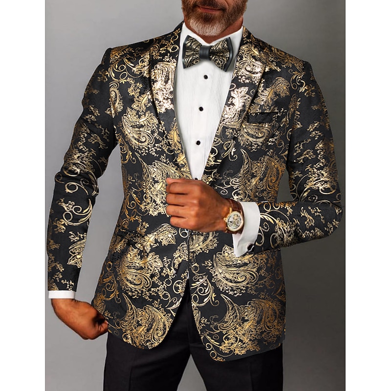 Men's Blazer Jacket Blazer Notch Collar Fashion Party Classic Floral Blazer Silver Gold Standard Fit Single Breasted One-button