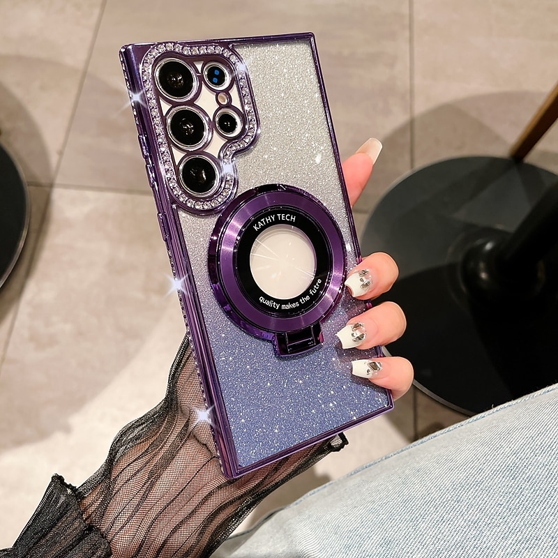 Phone Case For Samsung Galaxy S25 S24 S23 Ultra Plus S22 Plus  Ultra Back Cover Magnetic Adsorption with Stand Holder Support Wireless Charging Bling Glitter Shiny TPU3