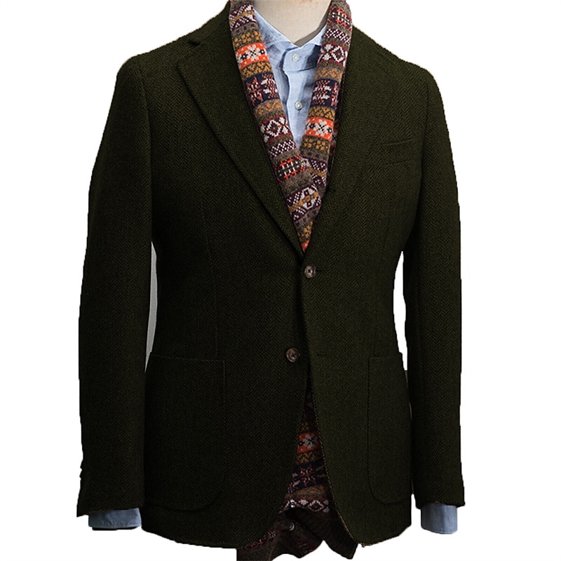Men's Blazer Jacket Notch Collar Vintage Office Herringbone ArmyGreen Black khaki Tailored Fit Single Breasted Two-buttons3