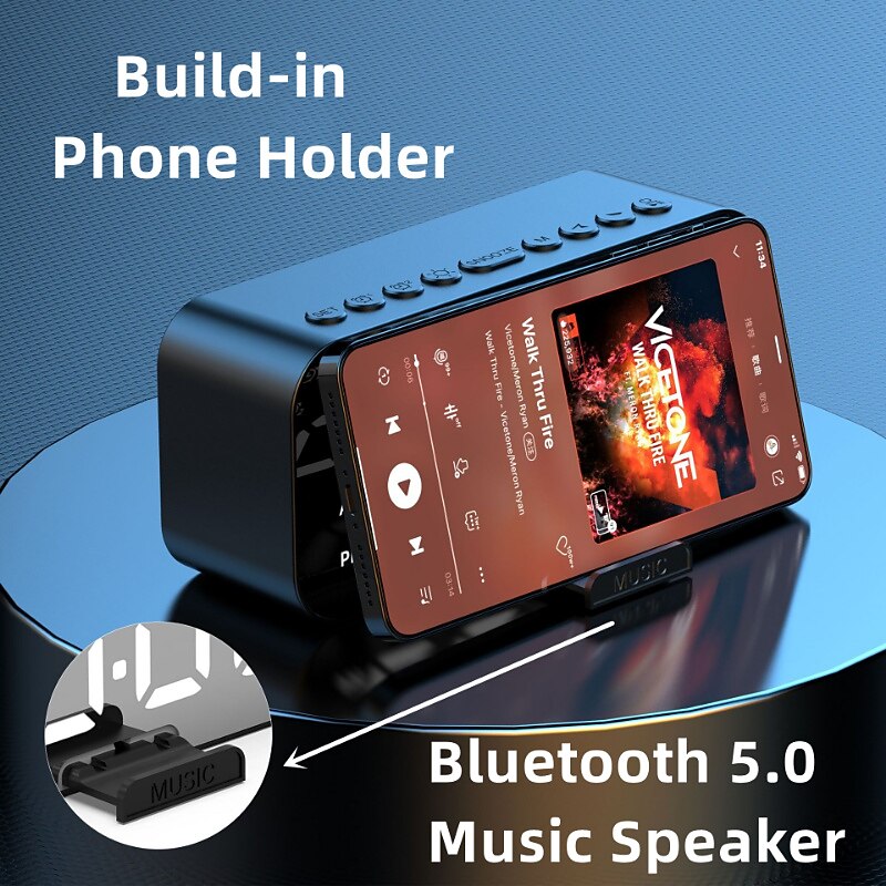 border Creative Digital Electronic Clock LED Mirror Double Alarm Wireless Speaker Music Alarm Clock2