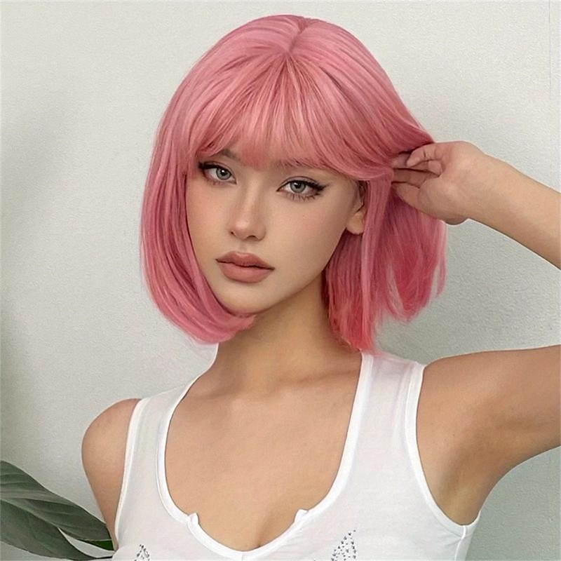 Brown 14 Inch Bob Short Straight Hair Wigs With Bangs Cute Synthetic Fiber Women's Wigs For Daily Halloween Party Cosplay Use Christmas Party Wigs