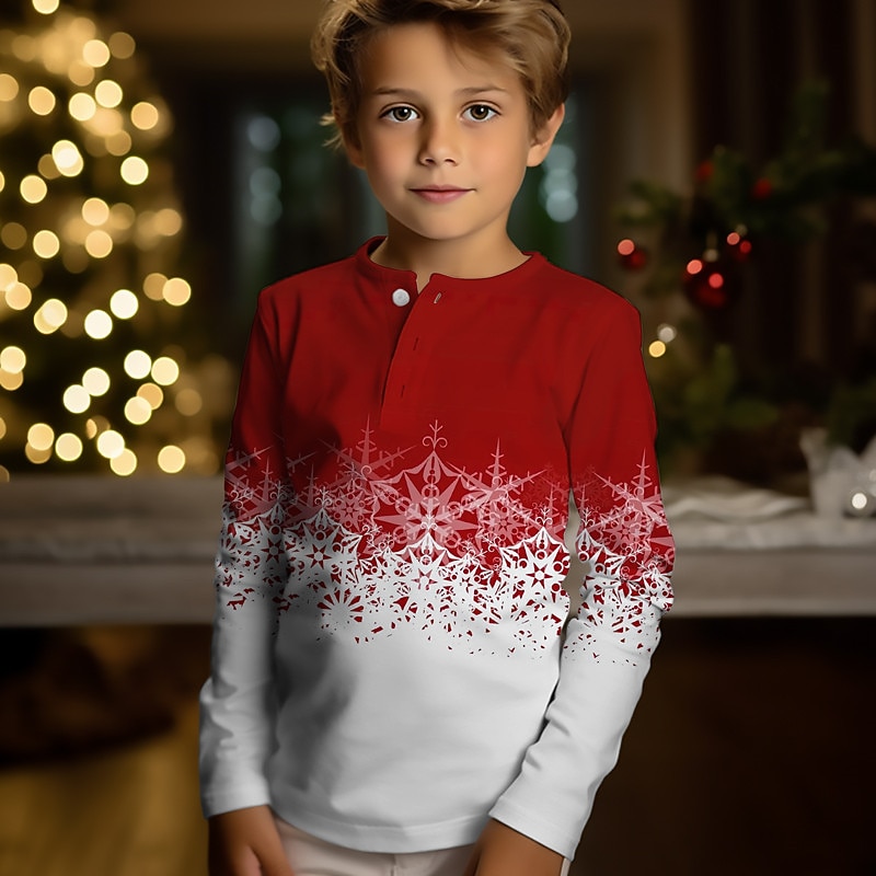 Boys 3D Snowflake Christmas T shirt Henley Shirt Long Sleeve 3D Print Fall Winter Sports Fashion Streetwear Kids 3-12 Years Crew Neck Outdoor Casual Daily Regular Fit