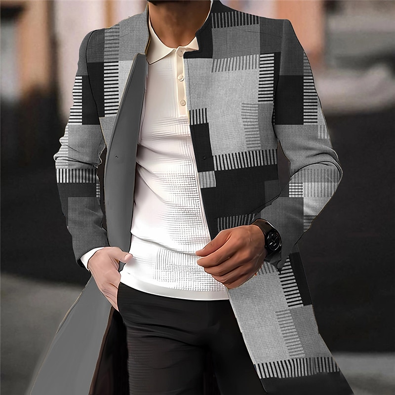 Men's Plaid / Check Graphic Prints Geometry Winter Coat Overcoat Coat Warm Comfortable Breathable Fashion Streetwear Business Work Wear to work Going out Pocket Print Fall & Winter Turndown Long