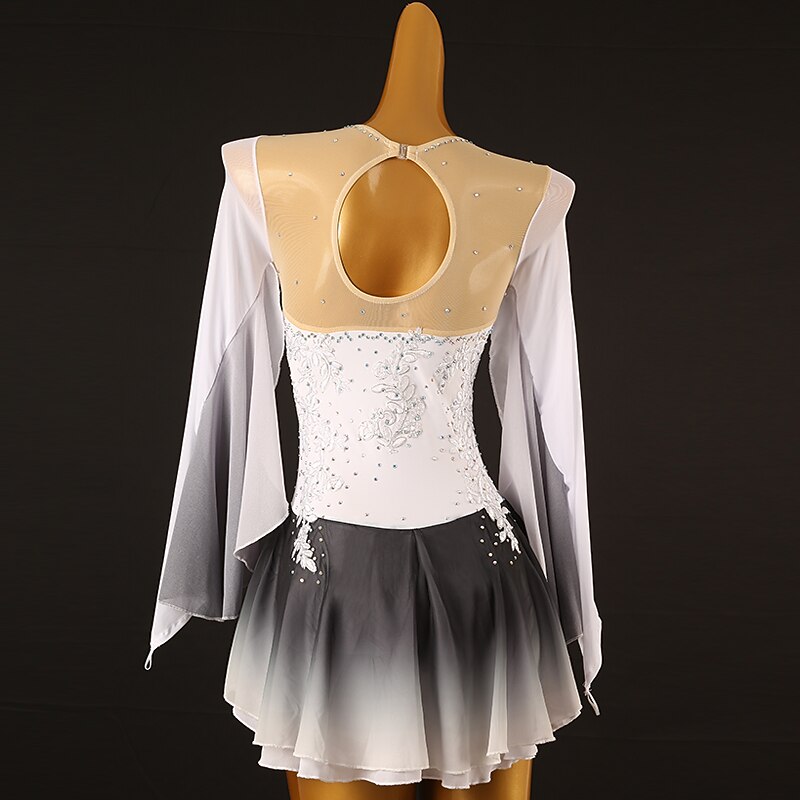 Figure Skating Dress Women's Girls' Ice Skating Dress White Patchwork Mesh High Elasticity Training Competition Skating Wear Classic Crystal / Rhinestone Long Sleeve Ice Skating Figure Skating4