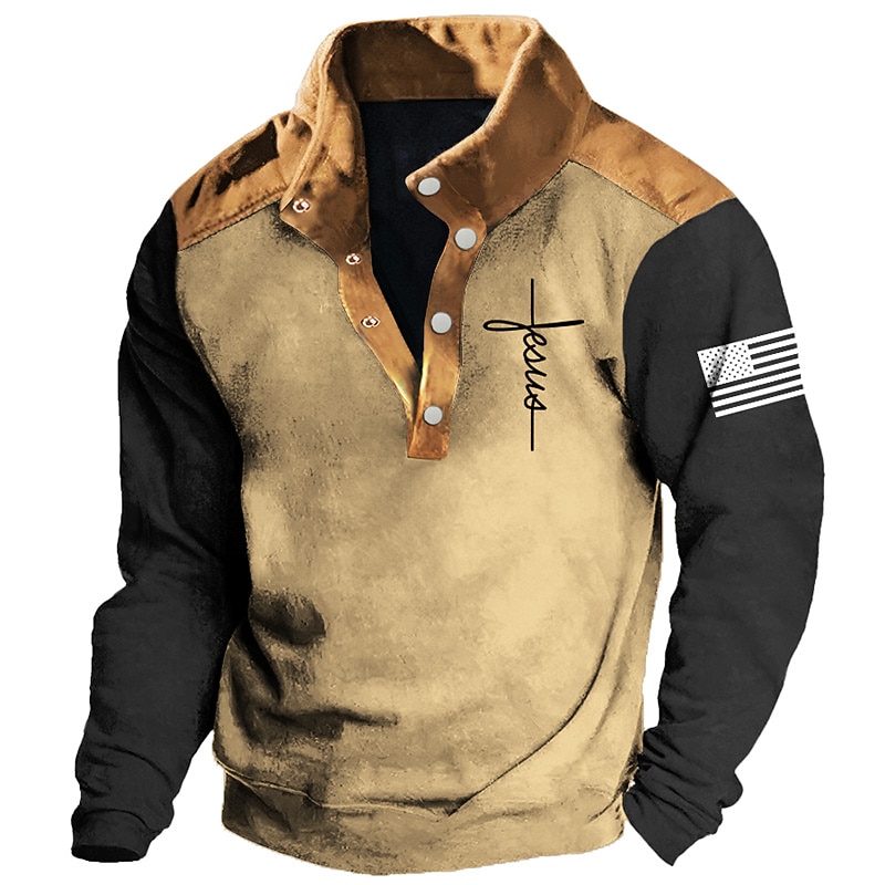 Men's Cross Jesus National Flag Sweatshirts Sweatshirt Long Sleeve Sweatshirt Stand Collar Daily Casual Vintage Retro 3D Print Vacation Sports Outdoor Holiday Print Spring &  Fall