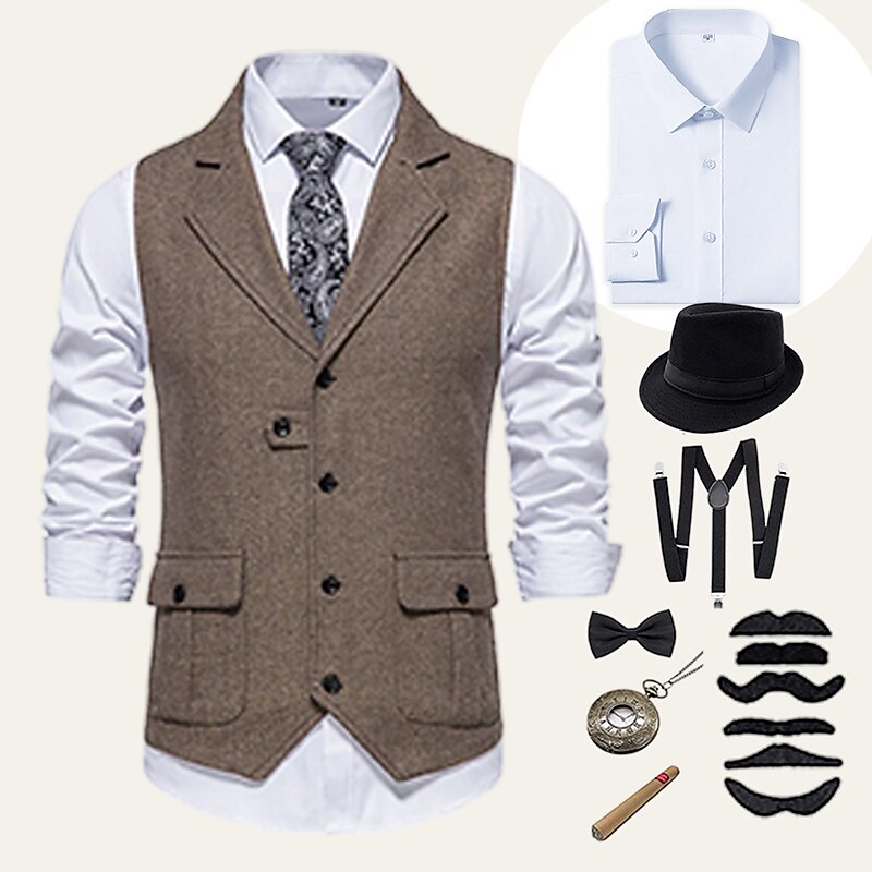 Retro Vintage Roaring 20s 1920s Outfits Shirt Waistcoat Normal Gentleman Gangster Solid Color Fancy Dress Men's Halloween Carnival New Year Party / Evening Prom Bachelorette Party Adults' Vest Shirt4