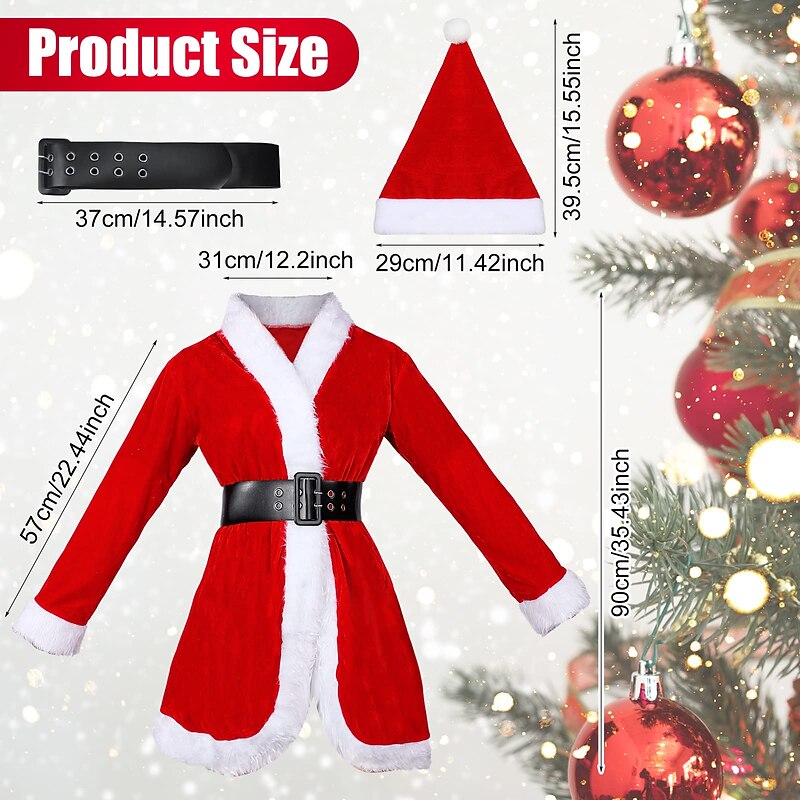 4 Pcs Santa Claus Mrs. Claus Cosplay Costume Women Christmas Suit Including Velvet Dress with Belt, Hat, Striped Tights Velvet Gloves2