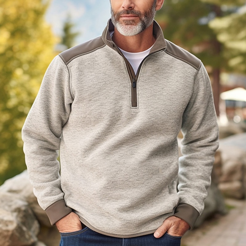 Men's Sweatshirt Zip Sweatshirt Beige Standing Collar Color Block Patchwork Sports & Outdoor Daily Holiday Polyester Streetwear Basic Casual Spring &  Fall Clothing Apparel Hoodies Sweatshirts  Long