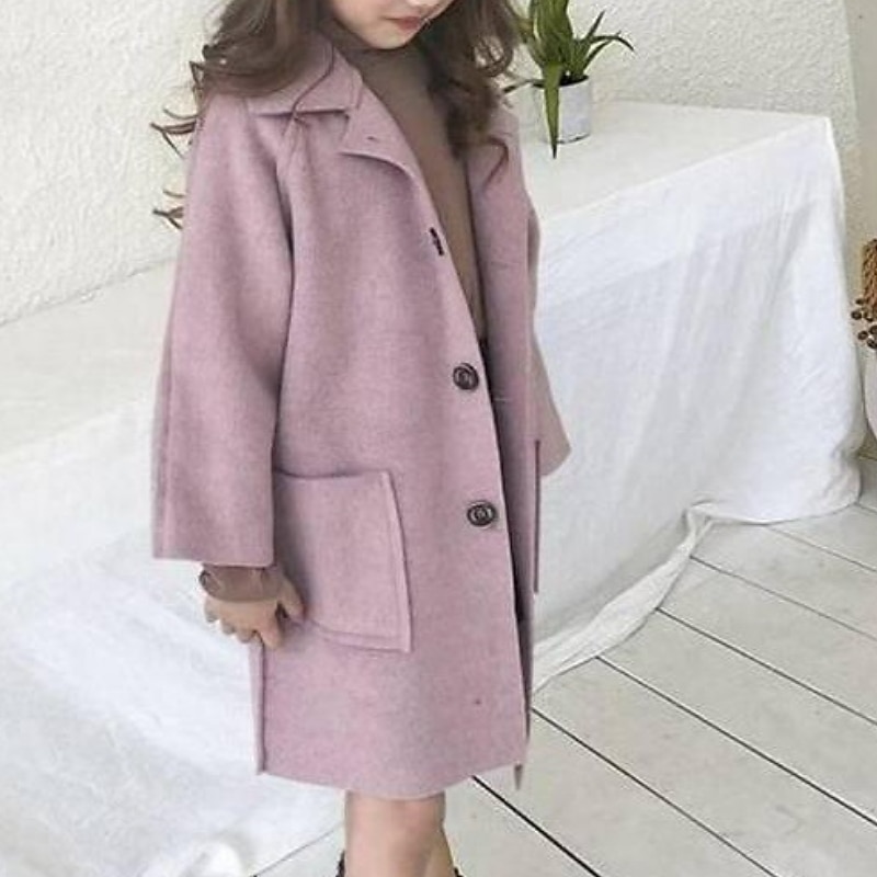 Kids Girls' Woolen Coat Long Sleeve Pink Purple Gray Solid Color Button Fall Winter Daily School 7-13 Years3