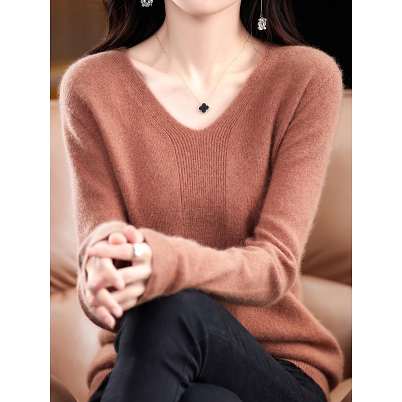 Women's Pullover Sweater Jumper Fashion Casual Soft Solid Color Ribbed V Neck Knitted Long Sleeve Regular Tops Knit Outdoor Daily Going out Forest Green Cherry Red Fall Winter3