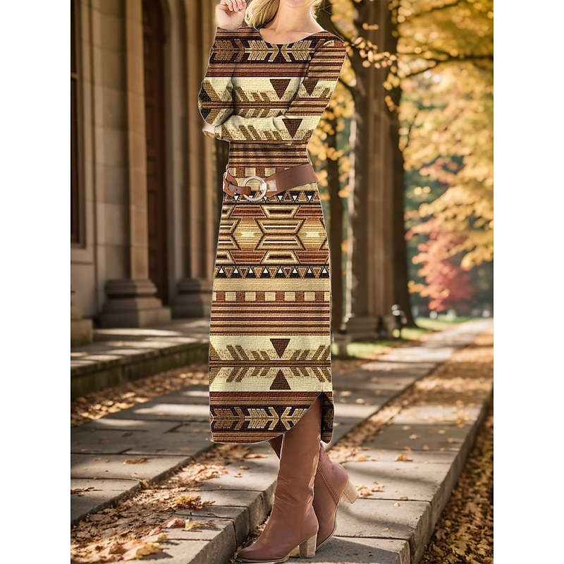 Women's Midi Dress Winter Dress Ethnic Dress Print Dress Vintage Ethnic Tribal Outdoor Vacation Daily Loose Fit Geometric Color Block Tribal Long Sleeve Crew Neck Black Red Brown Khaki Fall Winter3