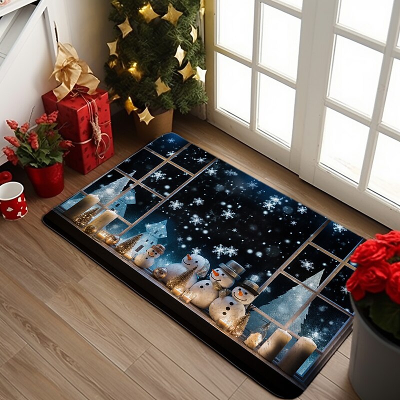 Christmas Decorations Snowman Blue Doormat Xmas Non-Slip Oil Proof Rug Indoor Outdoor Mat Bedroom Decor Bathroom Mat Entrance Rug Door Mat